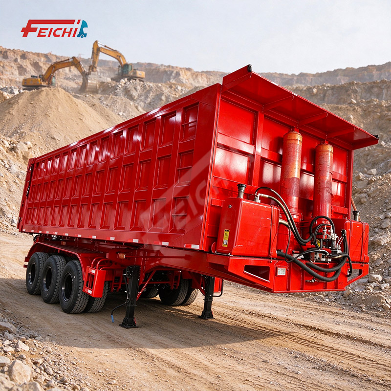 LUYI 3 axle 100 ton rear dump semi trailer reinforced steel box dual hydraulic cylinder for mining o